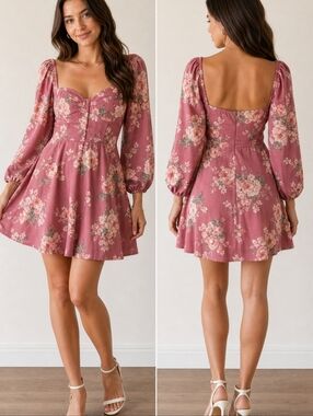 Inspired Hearts Floral Mini M Pink Rose Puff Sleeve Western Wedding Homecoming